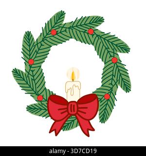 A festive Christmas wreath made of green pine branches and red berries featuring a lit candle and a large red bow at the bottom. This image symbolizes Stock Vector