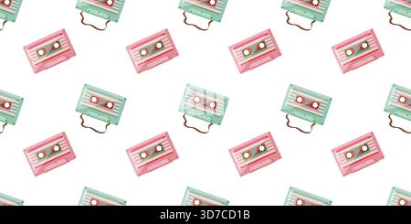 A charming retro seamless vector pattern featuring scattered colorful cassette tapes in pink and mint green with tape spilling out, creating a nostalg Stock Vector