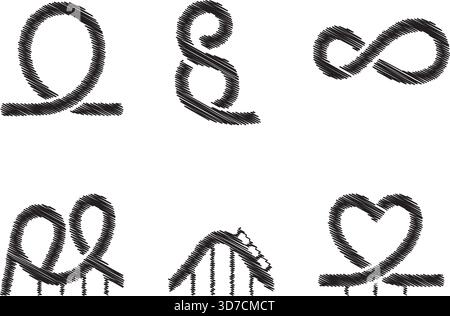 A set of black decorative calligraphy flourishes arranged on a white background, showing loops and swashes in varying shapes and thickness. Stock Vector