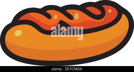 A hot dog sausage in a bun with a simple garnish, drawn in a bold flat style. Stock Vector