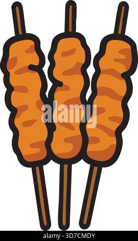 Three grilled meat skewers arranged vertically, depicted in a warm palette with wooden sticks. Stock Vector