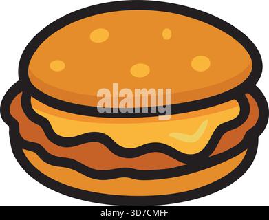 A classic cheeseburger with bun, patty, melted cheese and condiments, shown in a simple flat style. Stock Vector