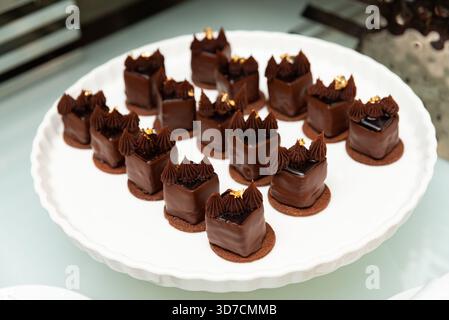 A collection of exquisite chocolate desserts beautifully arranged on a white plate. each piece features intricate chocolate designs, perfect for gourm Stock Photo