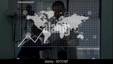Displaying translucent map HUD filling center in clinic room, showing white lab coat stethoscope Stock Photo