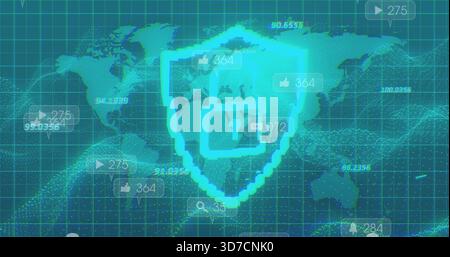 Displaying neon cyan shield with padlock overlaying dotted world map, showing floating UI tags Stock Photo
