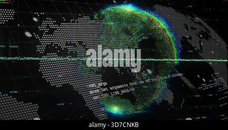 Rotating stylized globe pulsing in virtual data HUD, with halftone map, wireframe, RGB glitch halo Stock Photo
