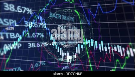 Displaying central candles chart with wire globe on trade screen, showing lines, percents, tickers Stock Photo