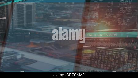 Displaying semi-transparent encryption panels on glass window at control room, showing hex dump Stock Photo