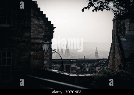 Rainy View of Edinburgh Skyline from Edinburgh Castle - Scotland Stock Photo