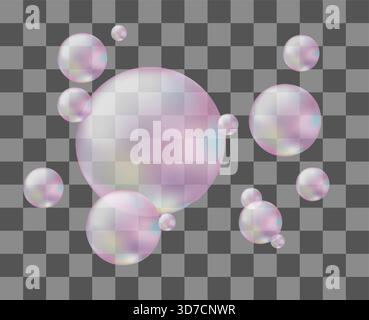 3d Pink Chrome Soap Bubbles. Realistic Translucent Air Bubbles on a transparent background. Flying soap bubbles, vector illustration. Stock Vector