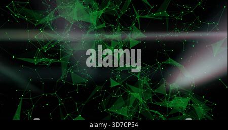 Floating green polygonal network forming depth in dark void with glowing nodes, thin lines, specks Stock Photo