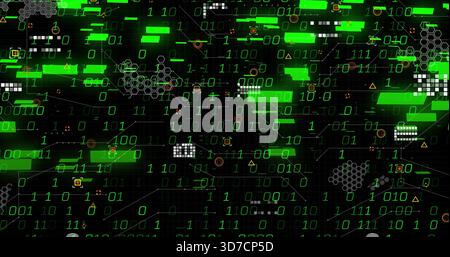 Streaming central data field pulsing on virtual interface, showing 0 or 1, bars or blocks, circuit t Stock Photo