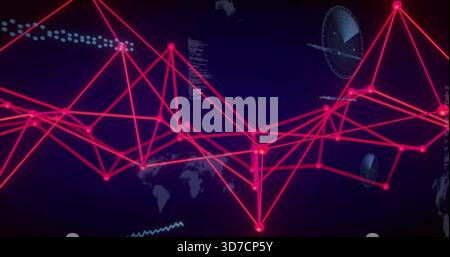 Displaying neon-pink network centered on dashboard, showing glowing nodes, connecting lines, HUD Stock Photo