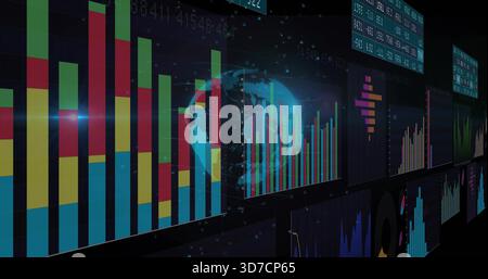Displaying central cluster of charts and hologram in analytics room, with stacked bar charts Stock Photo