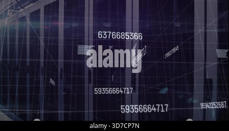 Displaying central server racks showing glass doors and floating numbers in data center, blue LEDs Stock Photo