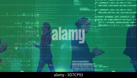 Walking silhouetted professionals in suits moving through office, holding phones amid green charts Stock Photo