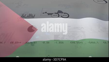 Displaying translucent tricolor flag overlaying data panel, pie, line, bar charts, â‚¬ numbers Stock Photo