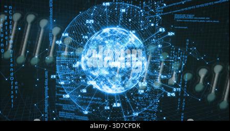 Glowing holographic globe displaying numeric labels and radial connector lines in dark grid plane Stock Photo