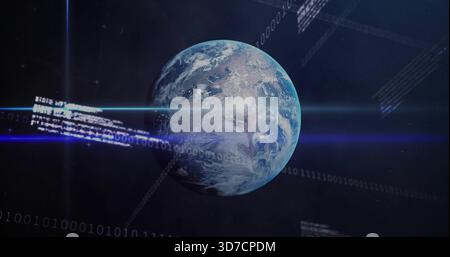 Orbiting Earth glowing with atmospheric halo in space displaying blue lens flares, binary grid Stock Photo