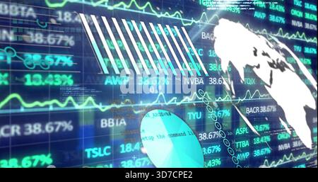 Displaying digital market dashboard on screen, showing line charts, stock tickers, pie chart, globe Stock Photo