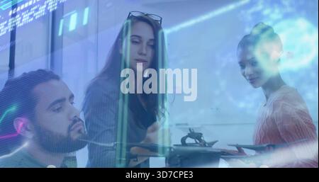 Inspecting three coworkers leaning over table in lab, showing drone, glasses, blazer, AR overlays Stock Photo