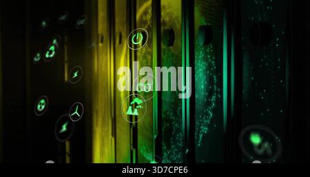 Glowing vertical rack panels displaying floating energy icons in data center, with green particles Stock Photo