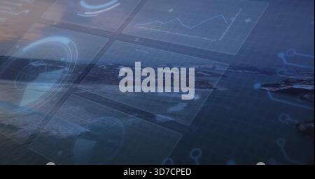 Displaying aerial coastal seascape blending light HUD elements data panels grid over ocean rocks Stock Photo