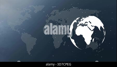 Displaying white globe occupying right on dark blue gradient, dotted halftone map left, copy space Stock Photo