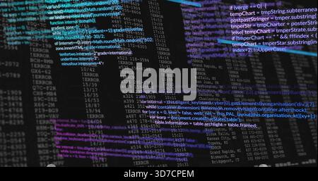 Displaying central source code and error log table at dev desk, with flat-panel monitors Stock Photo