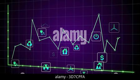 Showing jagged cyan-teal line rising and falling above green baseline on screen, showing teal icons Stock Photo