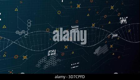 Displaying stylized DNA helix moving across tech dashboard, showing hex clusters and circuit lines Stock Photo
