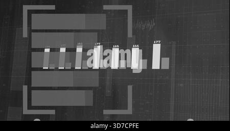 Displaying monochrome bar chart occupying center on dark dashboard, with value labels and UI panels Stock Photo