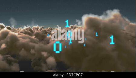 Displaying central cloud bank at high altitude, cyan binary digits floating above rim-lit clouds Stock Photo
