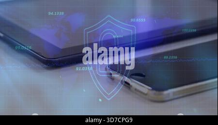 Displaying two smartphones lying on tabletop, projecting holographic shield padlock and world map Stock Photo