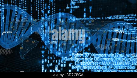 Displaying translucent DNA helix twisting across data interface, with streaming code and world map Stock Photo