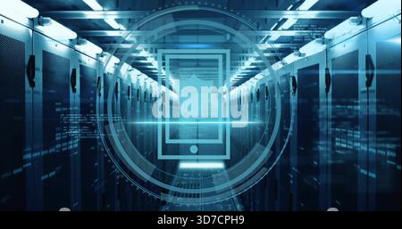 Projecting central holographic security graphic hovering over data center aisle, with server racks Stock Photo