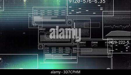 Displaying central UI cluster on virtual HUD, showing numeric codes, keyboard grid and charts Stock Photo