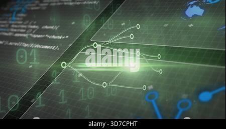 Rendering glowing central node with branching lines on virtual green grid, showing binary digits Stock Photo