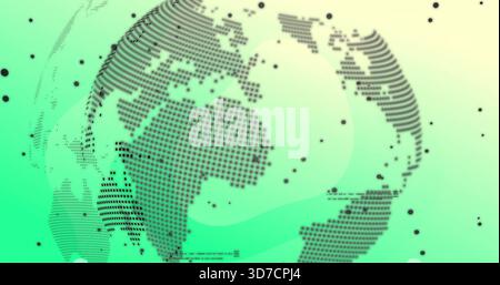 Rotating stylized dotted globe showing dot continents in digital UI, with markers and dashed lines Stock Photo