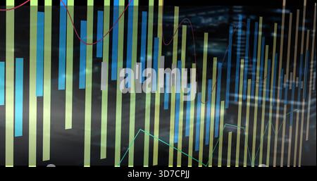 Displaying chart on glossy display in trading room, showing lime cyan bars and red-teal lines Stock Photo