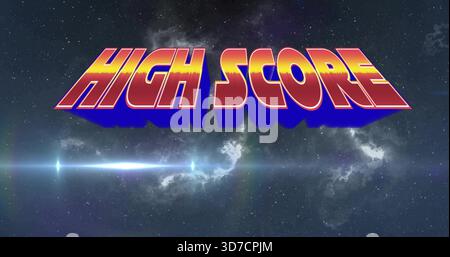 Displaying large stylish 3D text HIGH SCORE glowing over nebula stars, lens flare and drop shadow Stock Photo