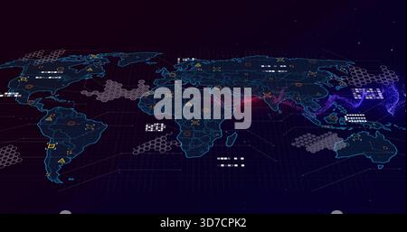 Displaying neon blue wireframe world map on tilted 3D virtual dashboard, with hexagonal clusters Stock Photo