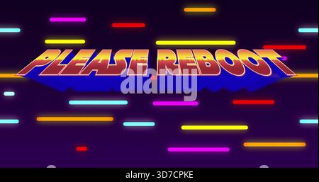 Displaying bold 3D PLEASE REBOOT text at center, with glowing neon bars and VHS noise Stock Photo