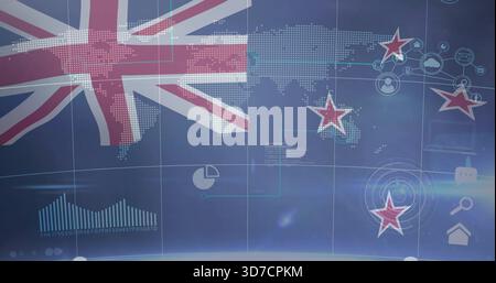 Displaying Union Jack flag over dotted world map studio backdrop, showing four red stars and radar Stock Photo