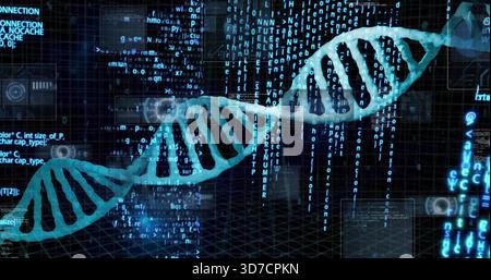 Glowing cyan DNA helix traversing virtual grid, displaying cascading code streams and HUD overlays Stock Photo