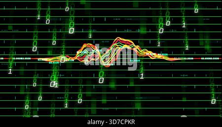 Displaying multicolored waveform flowing across digital dashboard, with binary digits, grid lines Stock Photo