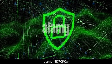 Glowing neon-green pixelated shield showing padlock question-mark in virtual cyberspace, with grid Stock Photo