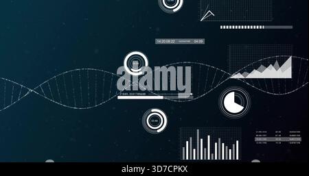 Displaying dotted helix waveform on dark teal dashboard, showing HUD gauges, slider, timestamps Stock Photo