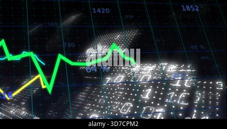 Displaying neon green line chart moving across virtual dashboard, with yellow line and cyan grid Stock Photo