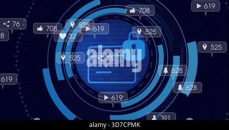 Displaying central locked folder with padlock circling on dark navy panel, with HUD rings, counters Stock Photo